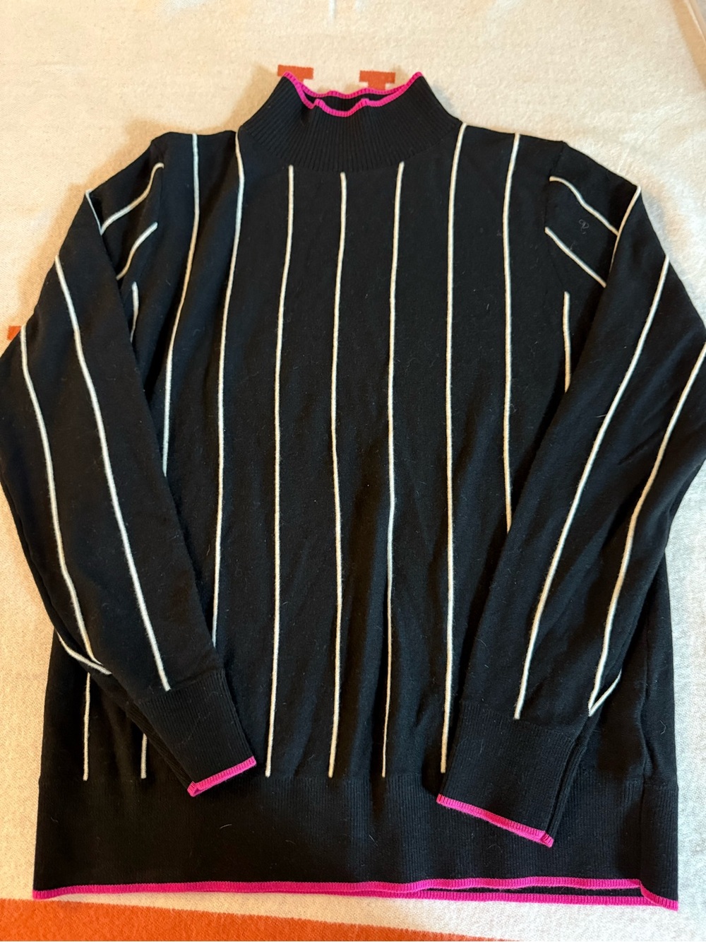 Vilagallo Fabiola Black Vertical Striped Mock Neck Sweater Pink Trim NWOT Size M